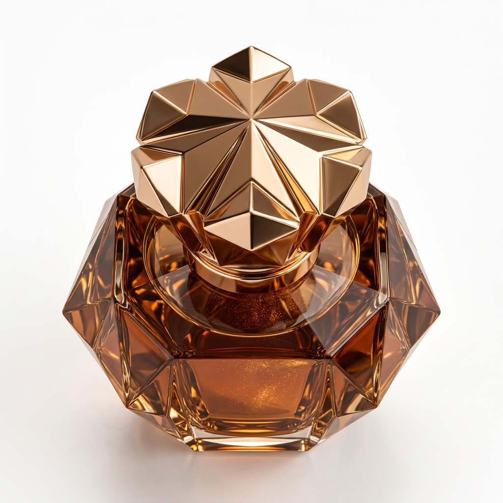 Top-down 45 degree view - luxury amber crystal perfume bottle
