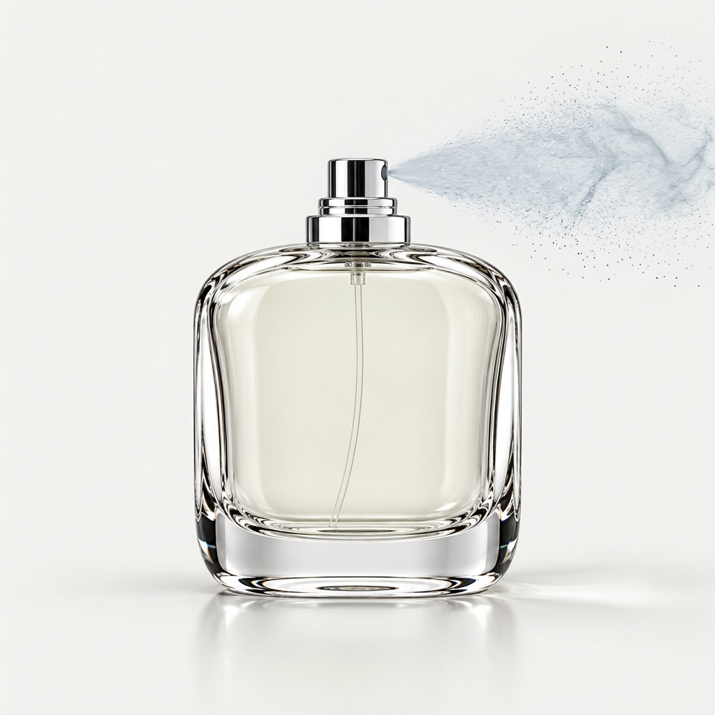 Clear crystal glass luxury perfume bottle spraying fine fragrance mist from one side