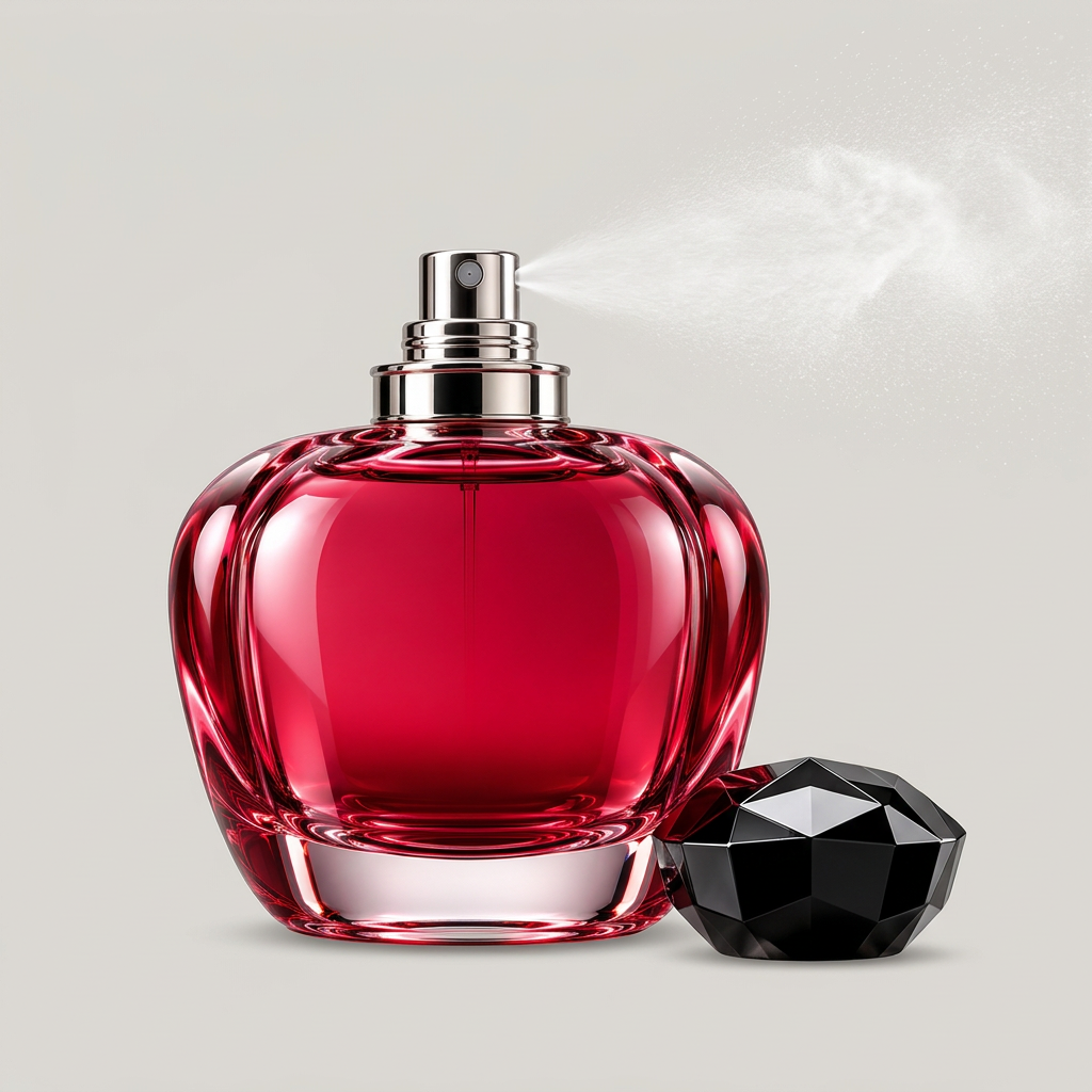 Ruby perfume bottle spray action shot