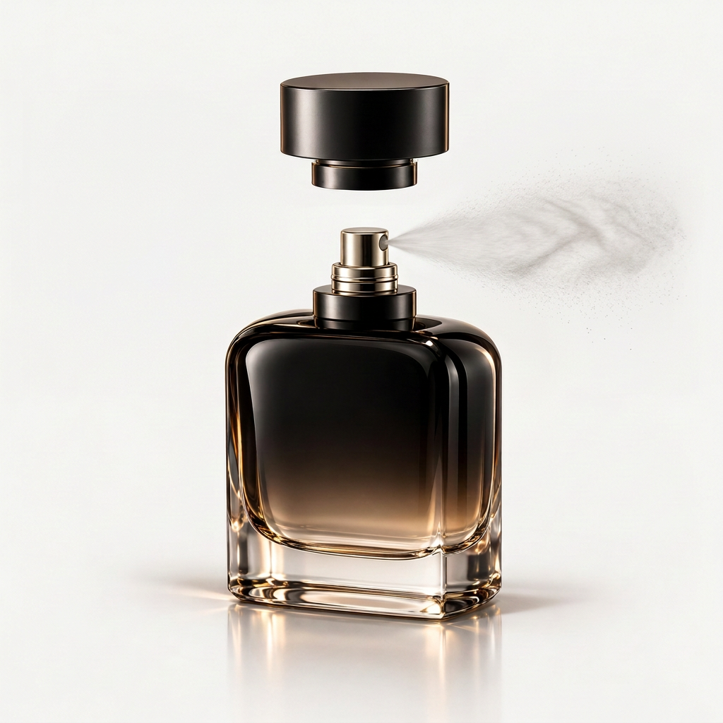 Smoky black luxury perfume bottle spraying fine fragrance mist from one side