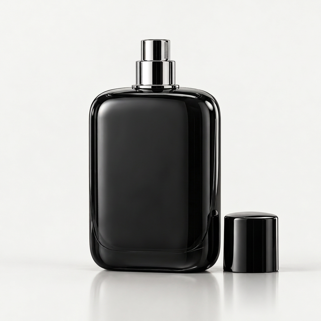 Sleek black luxury perfume bottle with cap removed and chrome sprayer nozzle visible