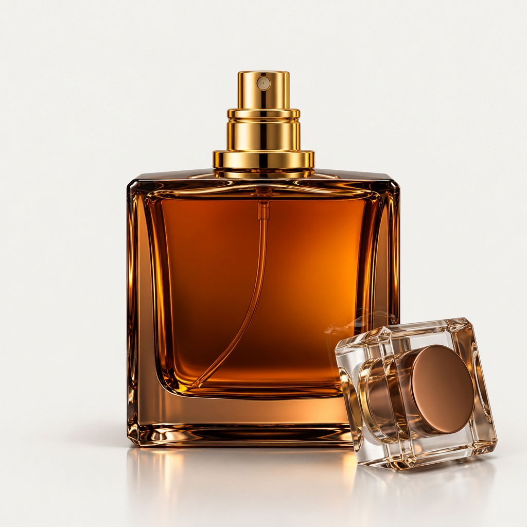 Amber luxury perfume bottle with cap removed and sprayer nozzle visible