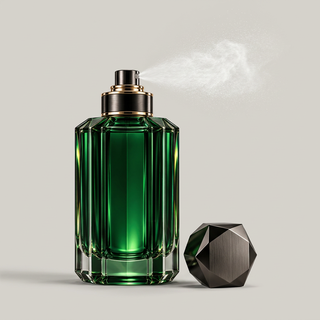 Emerald perfume bottle spray action shot