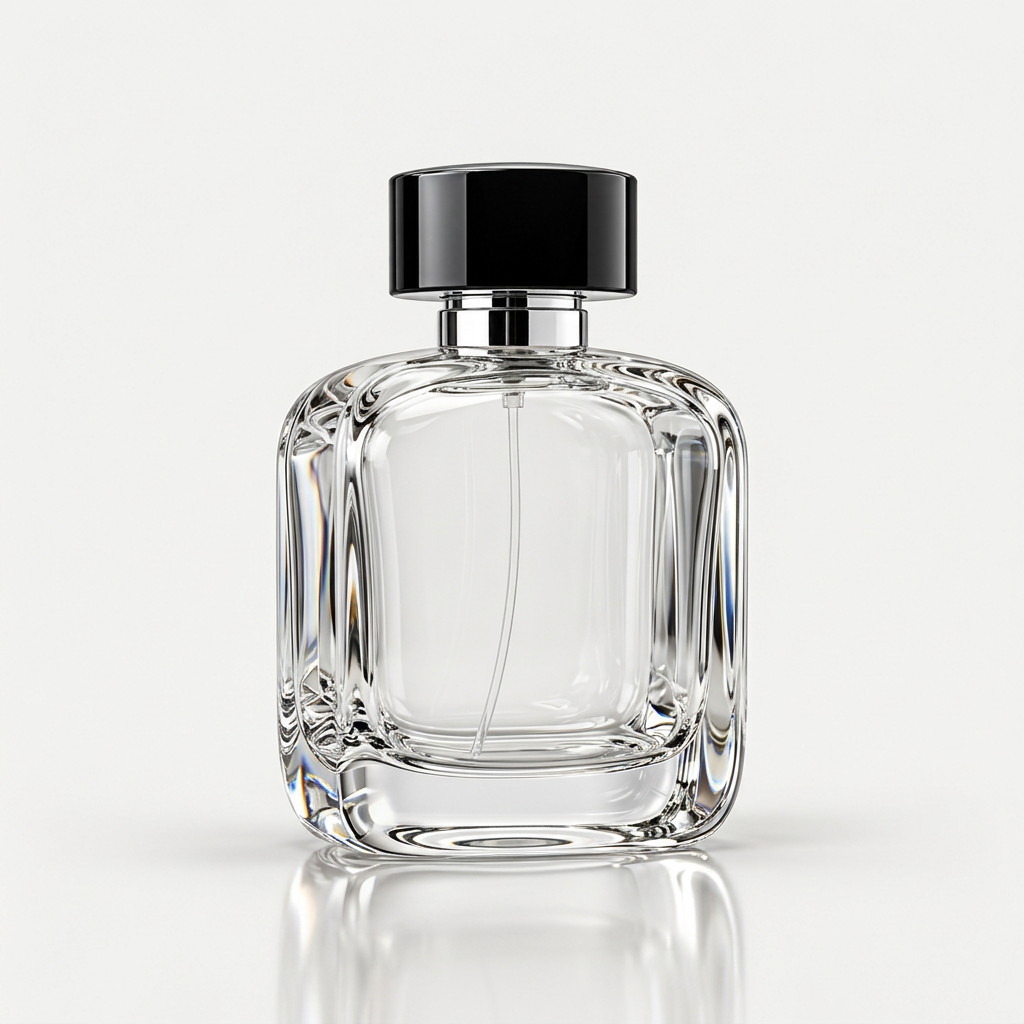 Clear crystal glass luxury perfume bottle front view with cap on