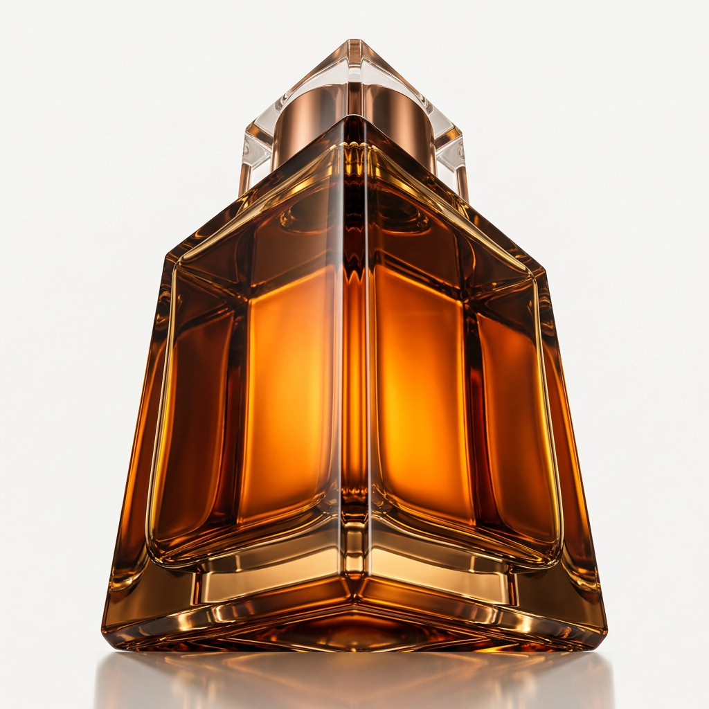 Amber luxury perfume bottle low angle hero shot from below