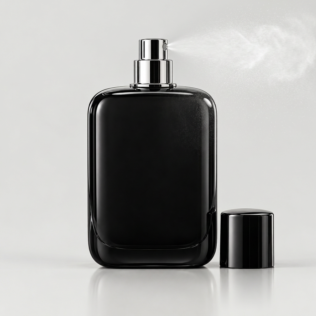 Sleek black luxury perfume bottle spraying fine fragrance mist from one side