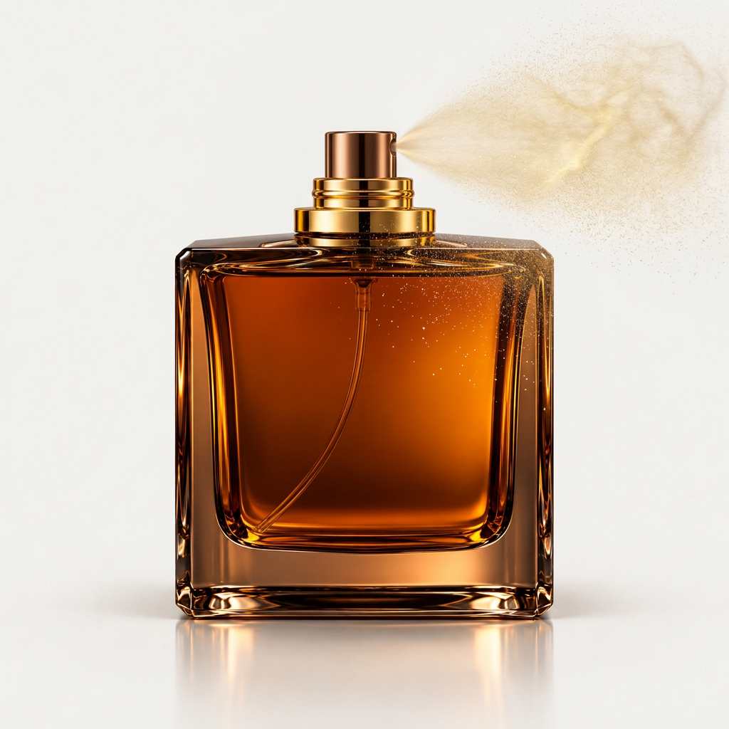 Amber luxury perfume bottle spraying fine fragrance mist mid-air