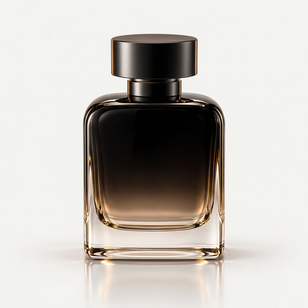 Smoky black luxury perfume bottle front view with cap on