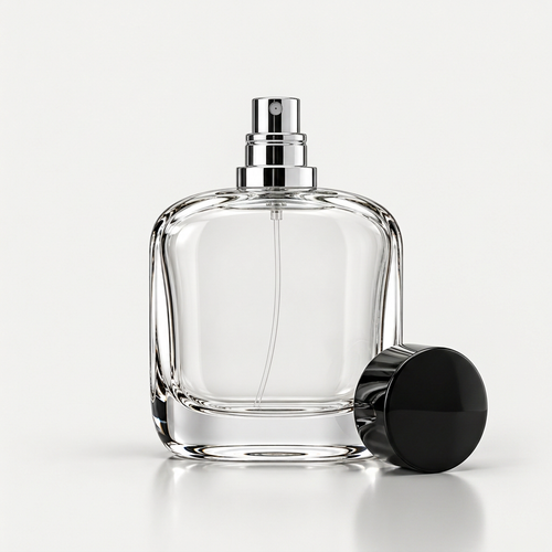 Clear crystal glass luxury perfume bottle with cap removed and silver sprayer nozzle visible