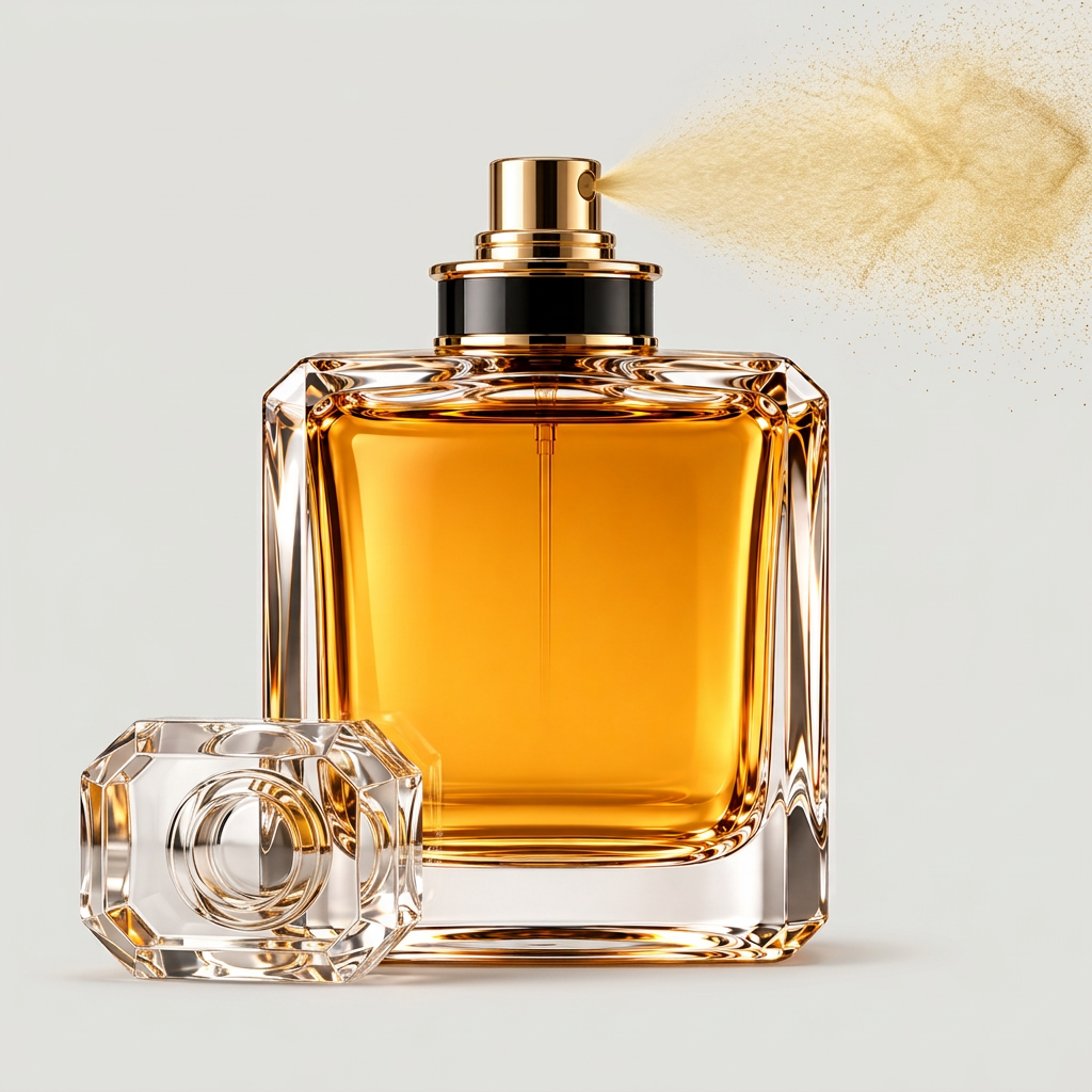 Amber crystal perfume bottle spray action shot